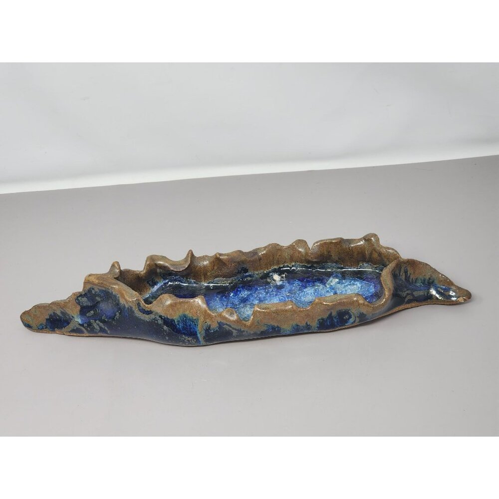 Vintage Abstract Stoneware Art Sculpture With Blue‎ & Brown Glazed Finish